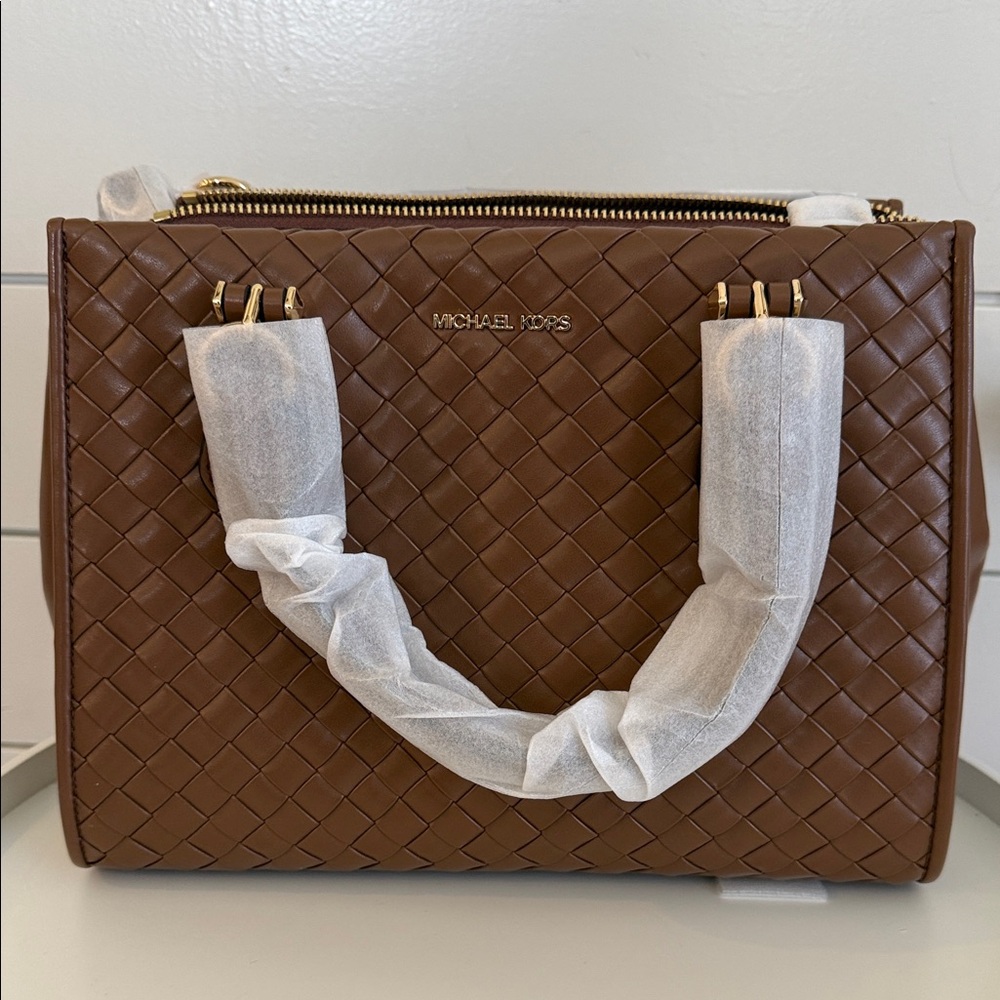 Michael Kors Brown Woven Marilyn Medium Satchel with Gold Hardware
